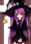  fantasy green_eyes hair_ornament hairclip hat les long_hair original purple_hair skull smile solo star torn_clothes witch_hat 