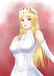  blonde_hair breasts crown detached_sleeves dress female gradient gradient_background kaibutsu_oujo large_breasts long_hair red_eyes solo soramoto sylvia_(kaibutsu_oujo) white_dress 