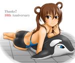  barefoot brown_eyes brown_hair competition_swimsuit flat_chest inflatable_dolphin inflatable_orca inflatable_toy inflatable_whale long_hair lying on_stomach one-piece_swimsuit orca original solo swimsuit tk4 twintails 