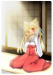  akino_sora animal_ears bad_id bad_pixiv_id blonde_hair blush fox_ears japanese_clothes long_hair miko original sleepy solo yawning 