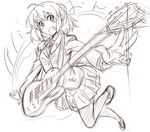  foreshortening greyscale grin guitar hands hirasawa_yui instrument k-on! monochrome pantyhose pirano school_uniform short_hair sketch smile solo v 