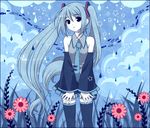  blue detached_sleeves fish flower hatsune_miku long_hair mochiya_marosuke monochrome necktie pleated_skirt skirt solo tears thighhighs twintails vocaloid zettai_ryouiki 