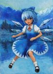  bad_id bad_pixiv_id blue_bow blue_dress blue_eyes blue_hair blush bow cirno dress fang full_body hair_bow highres ice ice_wings mountain oil_painting_(medium) open_mouth outdoors puffy_short_sleeves puffy_sleeves red_ribbon ribbon shoes short_hair short_sleeves socks solo tafuto touhou traditional_media wings 