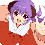  bad_id bad_pixiv_id detached_sleeves foreshortening from_above hakama hands hanyuu higurashi_no_naku_koro_ni horns japanese_clothes long_hair miko purple_eyes purple_hair red_hakama solo urue 