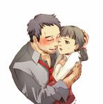 1girl brown_eyes brown_hair closed_eyes doujima_nanako doujima_ryoutarou drunk facial_hair father_and_daughter frown hand_on_another's_head hand_on_own_chest hug necktie one_eye_closed open_mouth persona persona_4 pig_tail satou_chagashi simple_background stubble tail white_background 