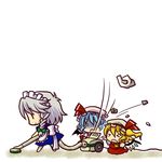  &gt;_&lt; bat_wings blonde_hair blue_hair chibi cleaning closed_eyes flandre_scarlet grey_hair izayoi_sakuya maid_headdress multiple_girls o_o open_mouth remilia_scarlet shaded_face simple_background smile socha surprised touhou trash vacuum_cleaner wings 