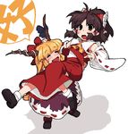  bad_id bad_pixiv_id black_hair carrying closed_eyes detached_sleeves fang hakurei_reimu horns ibuki_suika multiple_girls orange_hair princess_carry ribbon rkrk touhou translated 