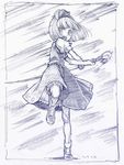  attack bangs blunt_bangs bob_cut dated full_body hairband highres holding holding_sword holding_weapon katana konpaku_youmu monochrome purple purple_background reverse_grip sakino_shingetsu short_hair solo standing standing_on_one_leg sword touhou traditional_media two-handed unsheathed weapon 