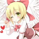  aibumi angel_wings bad_id bad_pixiv_id blonde_hair blush bow gengetsu hair_bow heart one_eye_closed red_bow solo touhou touhou_(pc-98) v white_background wings yellow_eyes 