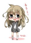  black_eyes brown_hair chibi glasses kantai_collection long_hair looking_at_viewer mochizuki_(kantai_collection) open_mouth pleated_skirt red-framed_eyewear rimless_eyewear school_uniform serafuku shibainu_kisetsu skirt solo translated 