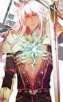  armor bad_id bad_pixiv_id balmung_(fate/apocrypha) dark_skin dark_skinned_male fate/apocrypha fate_(series) green_eyes heru_(goldprin) long_hair male_focus siegfried_(fate) solo sword weapon white_hair 