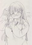  adjusting_hair breasts coat comic fat glasses kobayakawa_horan large_breasts long_hair long_sleeves monochrome nekokami original sketch smile solo straight_hair sweater tareme upper_body 