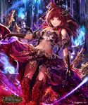  bare_shoulders black_gloves copyright_name earrings fang gloves hair_ornament jewelry jname long_hair looking_at_viewer midnight_demon midriff navel pointy_ears red_eyes red_hair shingeki_no_bahamut solo 