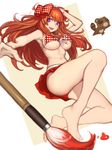  barefoot bikini bikini_skirt blush bow breasts calligraphy_brush evan_yang front-tie_top gekkan_shoujo_nozaki-kun hair_bow large_breasts long_hair midriff navel open_mouth orange_hair paintbrush polka_dot polka_dot_bow purple_eyes sakura_chiyo skirt smile solo swimsuit underboob 