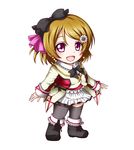  :d black_legwear boots bow brown_hair chibi flower hair_bow hair_flower hair_ornament highres koizumi_hanayo kuena long_sleeves looking_at_viewer love_live! love_live!_school_idol_project open_mouth pleated_skirt purple_eyes short_hair simple_background skirt smile solo sore_wa_bokutachi_no_kiseki thighhighs white_background 