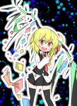  :d ahoge bamboo black_legwear blonde_hair fang hair_ribbon looking_at_viewer open_mouth red_eyes ribbon rumia shibainu_kisetsu short_hair smile solo tanabata tanzaku thighhighs touhou translated zettai_ryouiki 