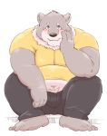  2018 anthro belly blue_eyes blush clothing humanoid_hands jambavan jumperbear male mammal navel overweight overweight_male pants shirt simple_background sitting solo tokyo_afterschool_summoners ursine video_games white_background 