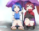  blue_eyes blue_hair boots bow bwell cape commentary_request covered_mouth feet geta hair_bow heterochromia juliet_sleeves karakasa_obake knees_together_feet_apart long_sleeves multiple_girls open_mouth panties pantyshot pantyshot_(squatting) puddle puffy_sleeves rain red_eyes red_hair sandals sekibanki shared_umbrella shirt side-by-side skirt smile squatting striped striped_panties tatara_kogasa tile_floor tiles toes tongue touhou umbrella underwear upside-down upskirt vest white_panties 