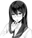  finger_sucking glasses greyscale lips long_hair looking_at_viewer mole monochrome portrait sakuramachi_touko saliva sasamori_tomoe school_uniform serafuku simple_background solo succubus_stayed_life white_background 