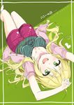  :d arms_up blonde_hair blush buttons collarbone from_above green_background green_eyes green_shirt hoshii_miki idolmaster idolmaster_(classic) jacket long_hair miyabi_akino open_clothes open_jacket open_mouth round_teeth shirt shorts simple_background sketch smile solo striped striped_shirt tareme teeth unbuttoned 