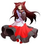  alphes_(style) animal_ears breast_hold breasts brooch brown_hair collarbone crossed_arms dairi dress full_body imaizumi_kagerou jewelry long_hair looking_at_viewer medium_breasts open_mouth parody red_eyes smug solo style_parody touhou transparent_background very_long_hair wolf_ears 