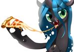  2014 apple changeling cheese fangs female food friendship_is_magic fruit gashiboka green_eyes green_hair hair holes looking_at_viewer my_little_pony pizza plain_background queen_chrysalis_(mlp) sharp_teeth slit_pupils solo straight_hair teeth white_background 