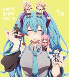  4girls ^_^ black_hair blonde_hair blue_hair chibi clenched_teeth closed_eyes dated detached_sleeves happy_birthday hatsune_miku heart highres japanese_clothes kagamine_len kagamine_rin kaito long_hair megurine_luka meiko multiple_boys multiple_girls necktie nora_usagi pink_hair short_hair simple_background teeth twintails vocaloid yellow_background 