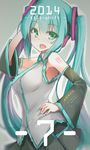  2014 detached_sleeves green_eyes green_hair hand_on_hip hatsune_miku headphones long_hair necktie open_mouth solo tilt-shift twintails very_long_hair vocaloid 