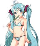  aqua_eyes aqua_hair bikini cowboy_shot hatsune_miku long_hair shinryou_rei solo spring_onion striped striped_bikini swimsuit twintails very_long_hair vocaloid white_background 