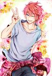  blue_eyes clothes_around_waist free! jewelry kaya_(hydego) male_focus necklace one_eye_closed pink_hair shigino_kisumi shirt_around_waist smile solo 