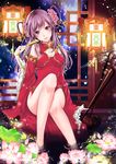  bad_id bad_pixiv_id bare_shoulders china_dress chinese_clothes detached_sleeves dress fan flower folding_fan frilled_sleeves frills hair_flower hair_ornament head_tilt highres lantern legs light lily_pad lips long_hair long_sleeves looking_at_viewer lotus nemuri_(1ma023k7) original pond purple_hair red_eyes sitting smile soaking_feet solo tassel water wide_sleeves window 