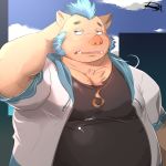  2018 anthro belly boar clothing gouryou male mammal mohawk overweight overweight_male porcine reclamon shirt solo tokyo_afterschool_summoners video_games 