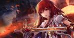  blurry brown_hair close-up depth_of_field holding jname long_hair open_mouth original red_eyes solo sword weapon 