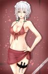  arm_at_side armpits bad_id bad_pixiv_id bikini blue_eyes braid breasts collarbone front-tie_bikini front-tie_top hair_ribbon hand_on_hip highres izayoi_sakuya large_breasts leg_belt lips maid_headdress north parted_lips red_bikini ribbon sarong sideboob silver_hair smile solo stomach swimsuit touhou tress_ribbon twin_braids 