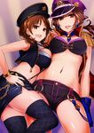  akai_kagerou black_legwear blue_gloves bracelet breasts brown_hair chain contrapposto cropped_jacket earrings epaulettes gloves gold_chain gold_trim hand_on_another's_shoulder hand_on_hip hat idolmaster idolmaster_cinderella_girls jewelry katagiri_sanae kawashima_mizuki large_breasts multiple_girls navel open_mouth peaked_cap pencil_skirt red_eyes short_hair short_shorts shorts sideways_hat skirt standing suspenders thighhighs 