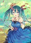  aqua_eyes aqua_gloves aqua_hair bare_shoulders blue_dress blush breasts collarbone dress gloves hair_ribbon hatsune_miku highres jewelry large_breasts long_hair mizuta_kenji necklace open_mouth ribbon solo twintails twitter_username vocaloid 