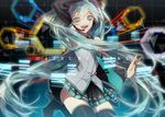  aqua_eyes aqua_hair arm_up boots burenai_ai_de_(vocaloid) character_name detached_sleeves hatsune_miku headset high_heels io_(sinking=carousel) long_hair necktie open_mouth skirt solo thigh_boots thighhighs twintails very_long_hair vocaloid 