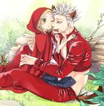  1girl bad_id bad_pixiv_id ban_(nanatsu_no_taizai) big_bad_wolf big_bad_wolf_(cosplay) big_bad_wolf_(grimm) blonde_hair blush cosplay couple crossover elaine eyelashes grimm's_fairy_tales hetero kuufuku leather leather_pants little_red_riding_hood little_red_riding_hood_(grimm) little_red_riding_hood_(grimm)_(cosplay) nanatsu_no_taizai pants red_eyes scar short_hair silver_hair spiked_hair yellow_eyes 