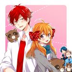  2girls :d ahoge bad_id bad_pixiv_id black_hair blazer bow brown_hair earrings gekkan_shoujo_nozaki-kun hair_bow hori_masayuki jacket jewelry kashima_yuu lowres mikoshiba_mikoto multiple_boys multiple_girls naho_(pi988y) necktie open_mouth orange_hair polka_dot polka_dot_bow purple_eyes raccoon red_eyes red_hair rouman_academy_uniform sakura_chiyo school_uniform smile tanuki 