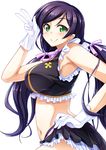  blush frills gloves green_eyes hand_on_hip long_hair looking_at_viewer love_live! love_live!_school_idol_project midriff navel no_brand_girls purple_hair simple_background skirt smile solo toujou_nozomi tsukimiya_kyousuke twintails v white_background white_gloves 