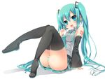  amamine aqua_eyes aqua_hair ass bad_id bad_pixiv_id blush boots detached_sleeves hatsune_miku headset long_hair necktie open_mouth panties sitting skirt solo striped striped_panties thigh_boots thighhighs twintails underwear very_long_hair vocaloid 