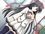  1girl black_hair black_legwear hinamatsuri_touko long_hair mikoko_(game) school_uniform solo takegami_sayo thighhighs 