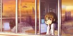  brown_hair chin_rest commentary desk future highres kuro_oolong monitor original purple_eyes reflection school_uniform science_fiction serafuku short_hair sitting solo_focus window 