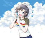  ahoge antenna_hair ariga_nao black_hair blue_eyes blush cloud day idolmaster idolmaster_(classic) kikuchi_makoto one_eye_closed open_mouth ramune shirt short_hair sky smile solo t-shirt 