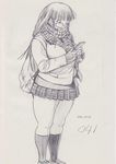  backpack bag breasts cellphone coat comic covered_mouth fat glasses kobayakawa_horan large_breasts loafers long_hair long_sleeves miniskirt monochrome nekokami original phone plaid plaid_skirt pleated_skirt scarf shoes sketch skindentation skirt sleeves_past_wrists smartphone solo straight_hair sweater tareme thick_thighs thighs 
