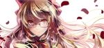  alice_(wonderland) alice_in_wonderland black-framed_eyewear blonde_hair blurry bow depth_of_field earrings glasses hair_bow jewelry long_hair petals red_bow red_eyes red_ribbon ribbon shadowsinking simple_background smile solo spade_(shape) upper_body white_background 