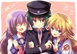  2girls angel_beats! bad_id bad_pixiv_id blonde_hair blue_eyes closed_eyes drumsticks girl_sandwich green_hair hat irie_(angel_beats!) long_hair multiple_girls naoi_ayato purple_hair sandwiched school_uniform sekine serafuku shinda_sekai_sensen_uniform short_hair v yellow_eyes yukiyukidaihuku 