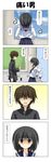  1boy 1girl 4koma back bags_under_eyes black_hair blue_sky brown_hair closed_eyes cloud comic commentary_request depressed empty_eyes glasses grey_eyes highres kashima_keisuke long_sleeves neckerchief open_mouth original pants rappa_(rappaya) school_uniform serafuku shaded_face shimamoto_aoi shirt skirt sky smile surprised sweatdrop translated wavy_mouth window 