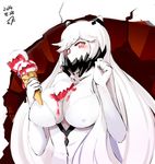  between_breasts blush breasts cleavage covered_mouth covered_nipples dress food horns ice_cream ice_cream_cone kantai_collection large_breasts long_hair midway_hime momo_(higanbana_and_girl) pale_skin red_eyes shinkaisei-kan simple_background solo very_long_hair white_background white_dress white_hair white_skin 