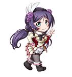  black_bow black_neckwear bow bowtie chibi feathers flower frilled_shirt_collar frills green_eyes hair_feathers hair_flower hair_ornament hair_tie hairband hand_on_hip highres kuena long_hair long_sleeves looking_at_viewer love_live! love_live!_school_idol_project overskirt purple_hair simple_background smile solo sore_wa_bokutachi_no_kiseki standing thighhighs toujou_nozomi twintails waving white_background 